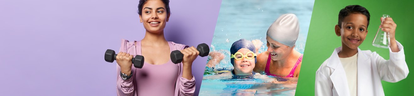 People of all ages being active, swimming and experiementing